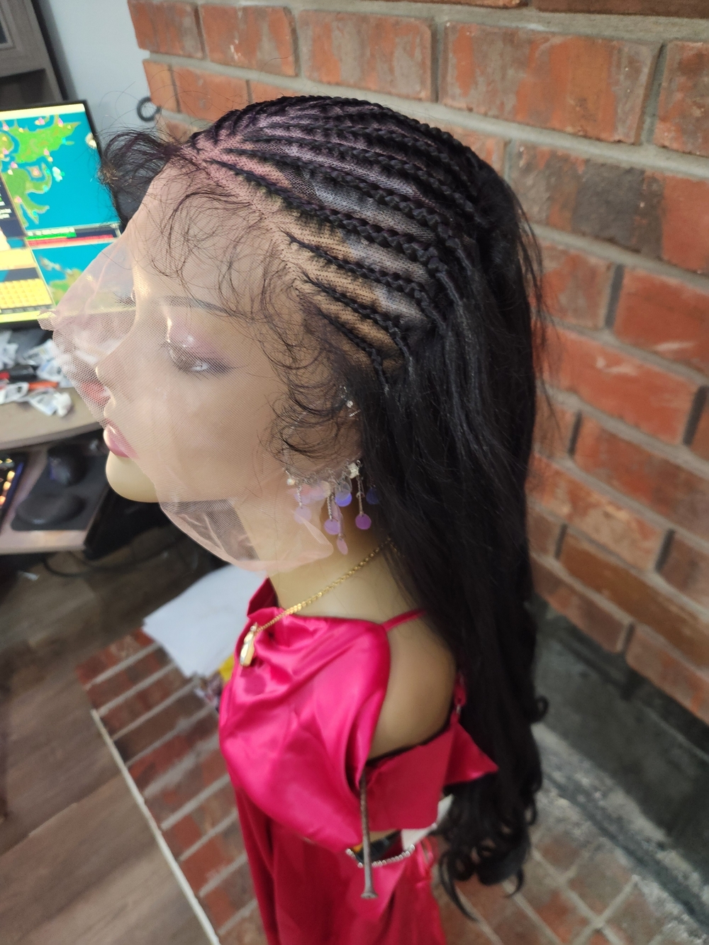 Black Lace Front Wig with Pink Root Highlights - Synthetic